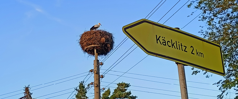 Ortsschild und Storchennest